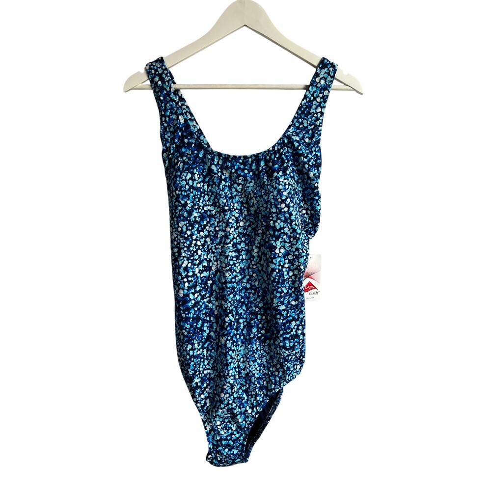 Lands' End Wmns 16L Tugless X-Back One Piece Swimsuit Navy/Turquoise Mosaic NEW